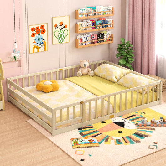 Queen Size Floor Bed Kids Montessori Bed Frame with Full Length Safety Guardrails-Gray