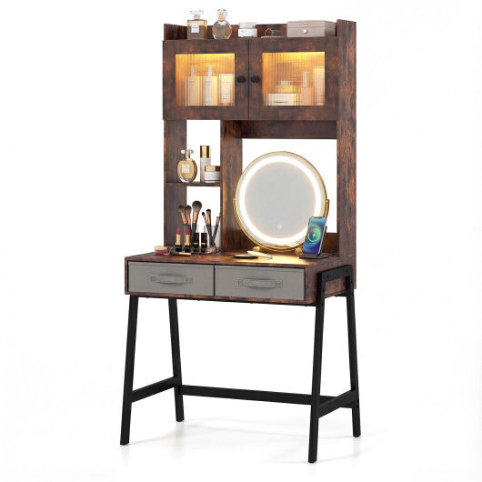 Vanity Desk with Rotatable Mirror and Lights Modern Dressing Table with 3 Light Colors-Brown W2B