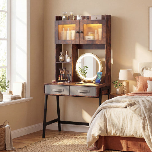 Vanity Desk with Rotatable Mirror and Lights Modern Dressing Table with 3 Light Colors-Brown W2B