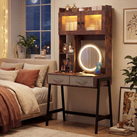 Vanity Desk with Rotatable Mirror and Lights Modern Dressing Table with 3 Light Colors-Brown W2B