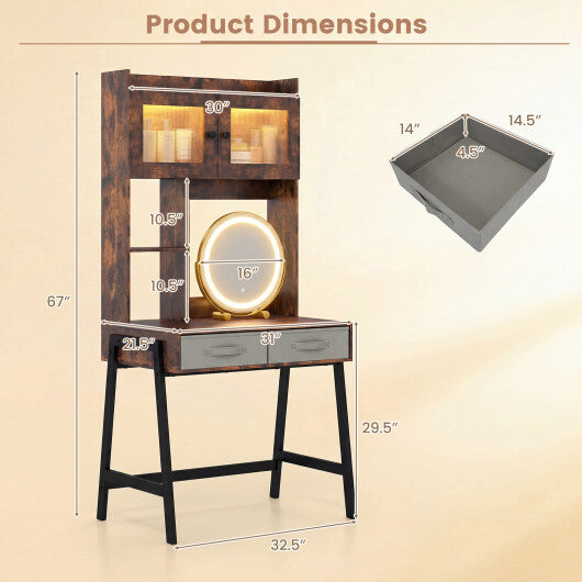Vanity Desk with Rotatable Mirror and Lights Modern Dressing Table with 3 Light Colors-Brown W2B