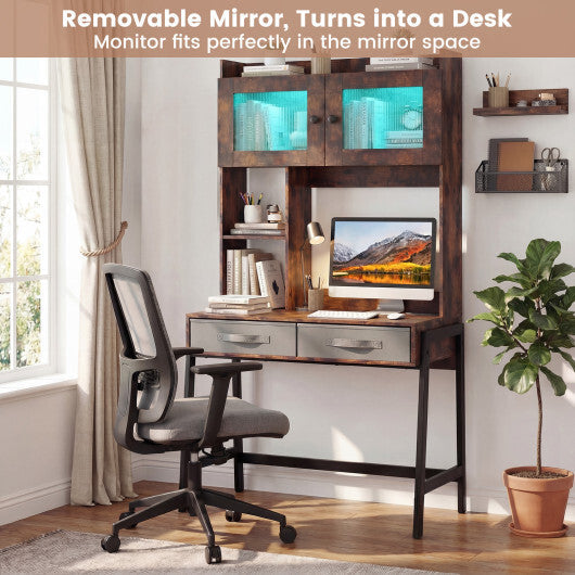 Vanity Desk with Rotatable Mirror and Lights Modern Dressing Table with 3 Light Colors-Brown W2B