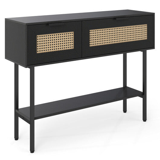 Rattan Console Table with 2 Storage Cabinets Shelf Carbon Steel Frame-Black W2B