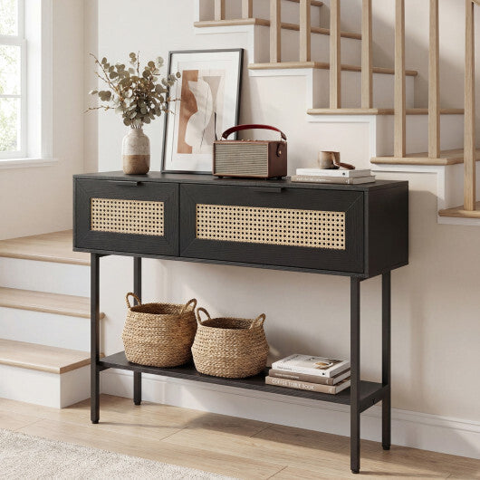 Rattan Console Table with 2 Storage Cabinets Shelf Carbon Steel Frame-Black W2B