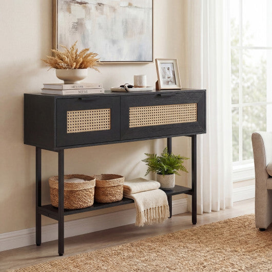 Rattan Console Table with 2 Storage Cabinets Shelf Carbon Steel Frame-Black W2B