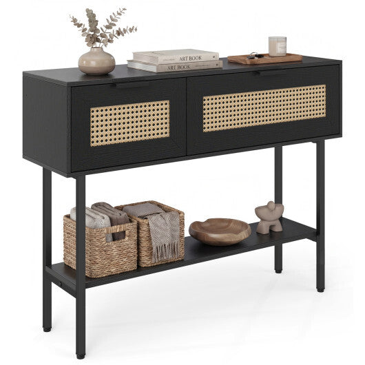 Rattan Console Table with 2 Storage Cabinets Shelf Carbon Steel Frame-Black W2B