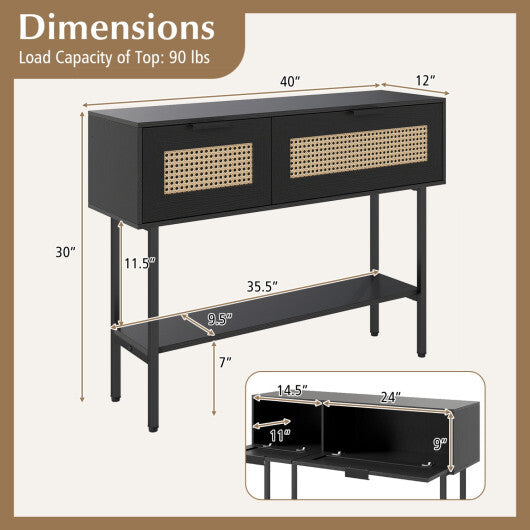 Rattan Console Table with 2 Storage Cabinets Shelf Carbon Steel Frame-Black W2B