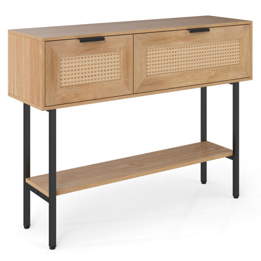 Rattan Console Table with 2 Storage Cabinets Shelf Carbon Steel Frame-Black W2B