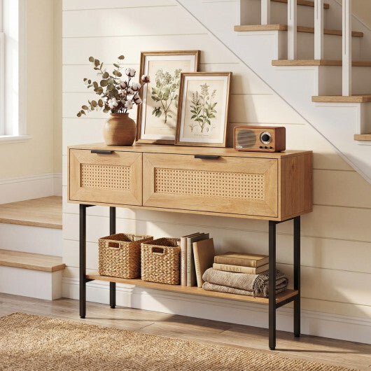 Rattan Console Table with 2 Storage Cabinets Shelf Carbon Steel Frame-Black W2B
