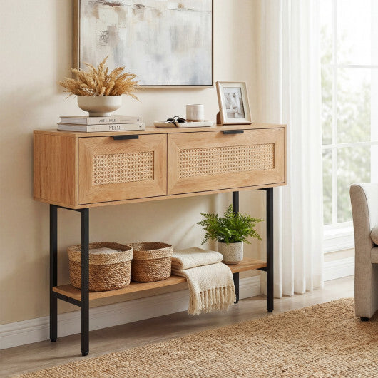 Rattan Console Table with 2 Storage Cabinets Shelf Carbon Steel Frame-Black W2B