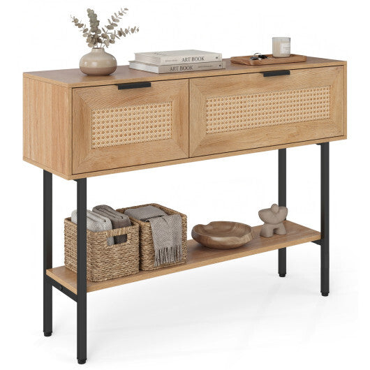 Rattan Console Table with 2 Storage Cabinets Shelf Carbon Steel Frame-Black W2B