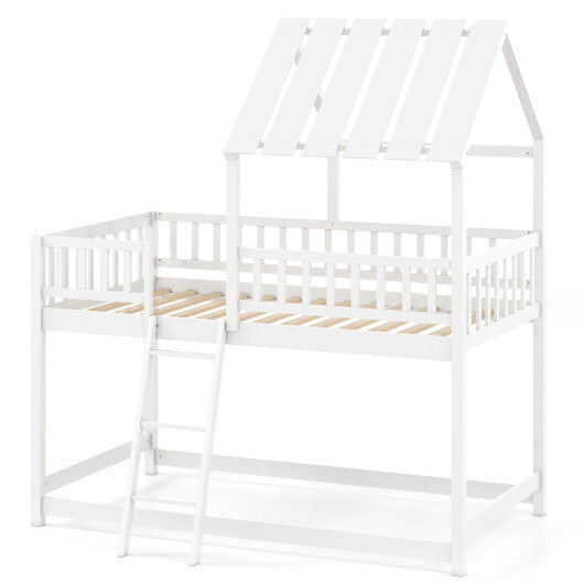Twin Over Twin House Bunk Bed with Roof and Full-length Guardrails for Kids Teens Boys Girls-White W2B