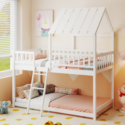 Twin Over Twin House Bunk Bed with Roof and Full-length Guardrails for Kids Teens Boys Girls-White W2B