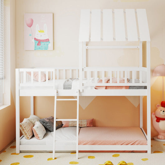 Twin Over Twin House Bunk Bed with Roof and Full-length Guardrails for Kids Teens Boys Girls-White W2B