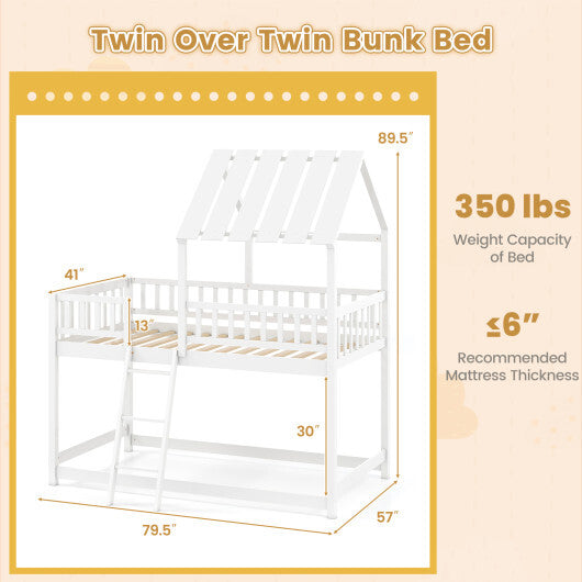 Twin Over Twin House Bunk Bed with Roof and Full-length Guardrails for Kids Teens Boys Girls-White W2B
