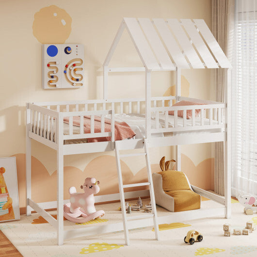 Twin Over Twin House Bunk Bed with Roof and Full-length Guardrails for Kids Teens Boys Girls-White W2B