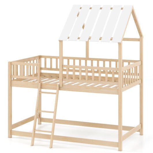 Twin Over Twin House Bunk Bed with Roof and Full-length Guardrails for Kids Teens Boys Girls-White W2B