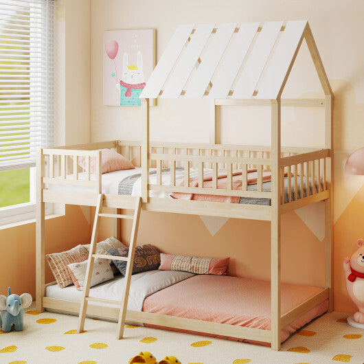 Twin Over Twin House Bunk Bed with Roof and Full-length Guardrails for Kids Teens Boys Girls-White W2B
