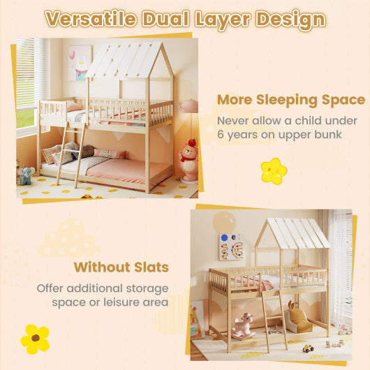 Twin Over Twin House Bunk Bed with Roof and Full-length Guardrails for Kids Teens Boys Girls-White W2B