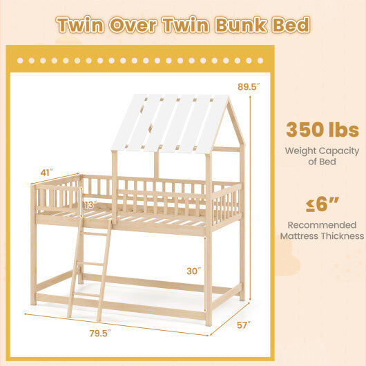 Twin Over Twin House Bunk Bed with Roof and Full-length Guardrails for Kids Teens Boys Girls-White W2B