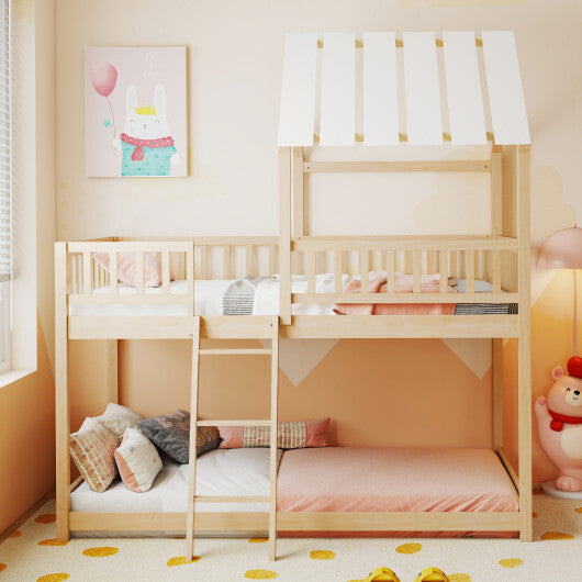 Twin Over Twin House Bunk Bed with Roof and Full-length Guardrails for Kids Teens Boys Girls-White W2B
