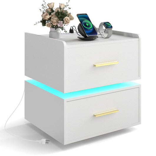 Nightstand with Charging Station LED Bedside Table with 2 Storage Drawers-White W2B