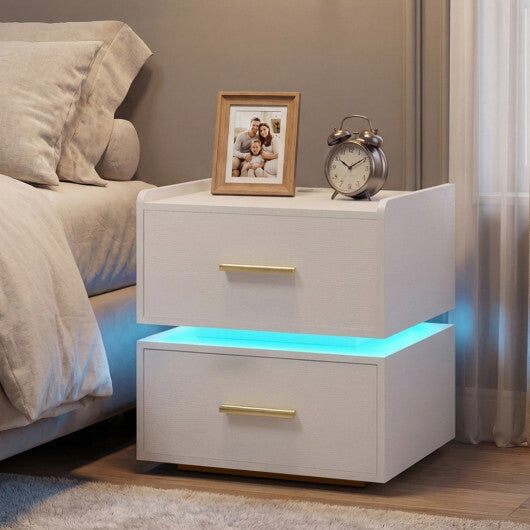Nightstand with Charging Station LED Bedside Table with 2 Storage Drawers-White W2B