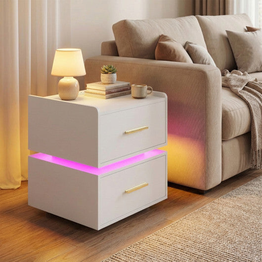 Nightstand with Charging Station LED Bedside Table with 2 Storage Drawers-White W2B