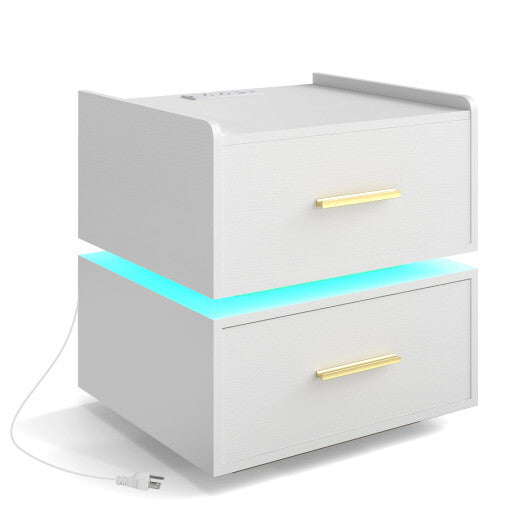 Nightstand with Charging Station LED Bedside Table with 2 Storage Drawers-White W2B