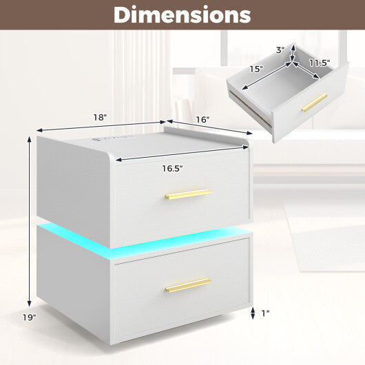 Nightstand with Charging Station LED Bedside Table with 2 Storage Drawers-White W2B