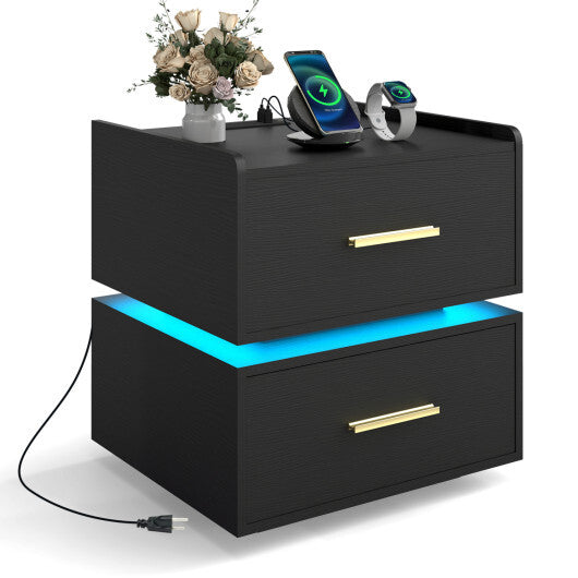Nightstand with Charging Station LED Bedside Table with 2 Storage Drawers-White W2B