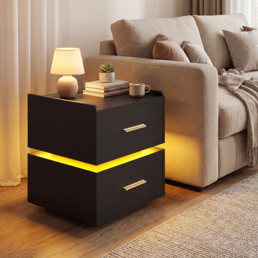 Nightstand with Charging Station LED Bedside Table with 2 Storage Drawers-White W2B
