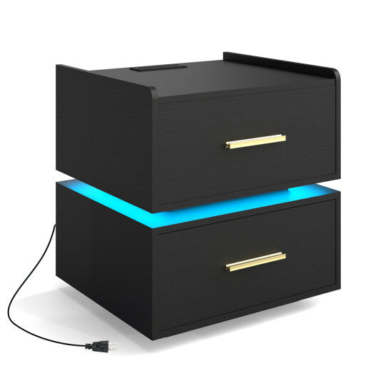 Nightstand with Charging Station LED Bedside Table with 2 Storage Drawers-White W2B