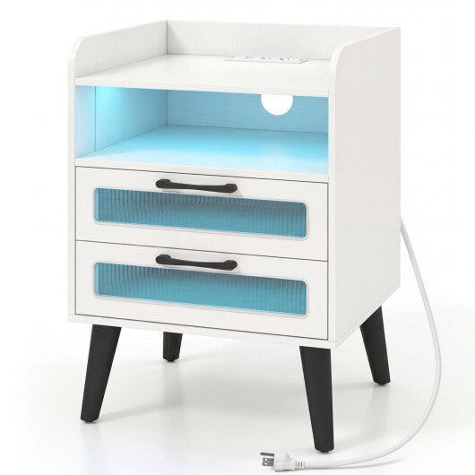 Mid Century Modern Nightstand with Charging Station and LED Lights-White W2B