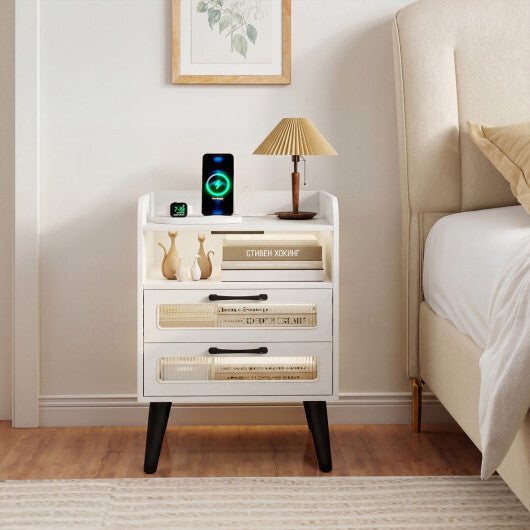 Mid Century Modern Nightstand with Charging Station and LED Lights-White W2B