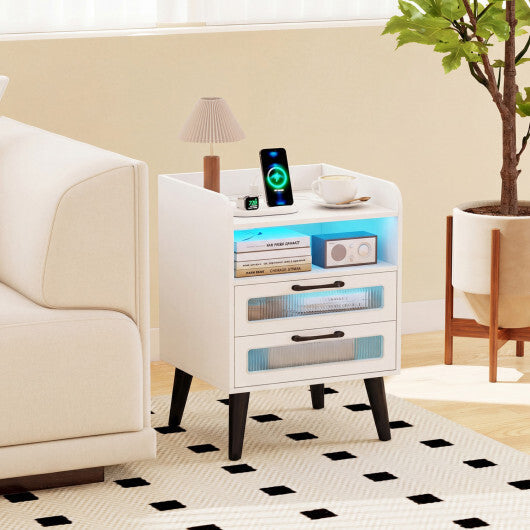 Mid Century Modern Nightstand with Charging Station and LED Lights-White W2B