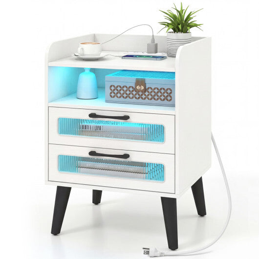 Mid Century Modern Nightstand with Charging Station and LED Lights-White W2B