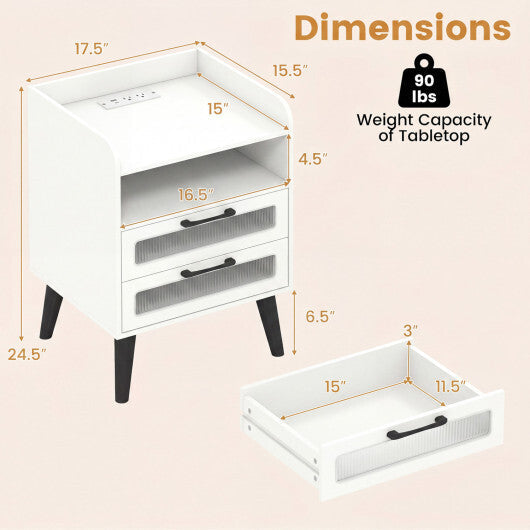 Mid Century Modern Nightstand with Charging Station and LED Lights-White W2B