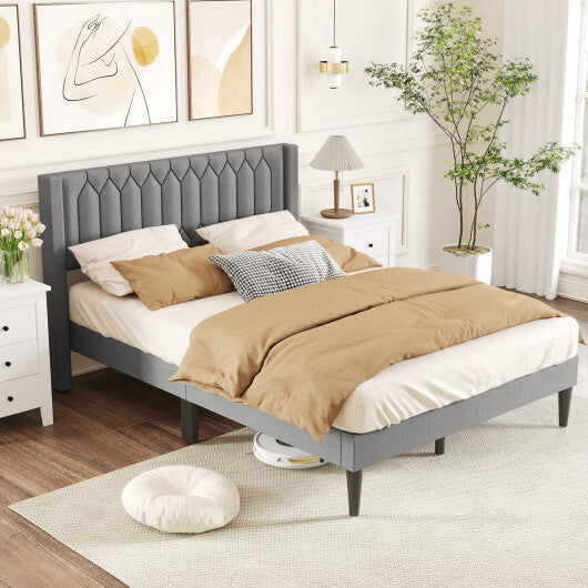 Queen Size Dutch Velvet/Linen Fabric Upholstered Platform Bed with Wingback Headboard and Wooden Slat Support-Gray?
