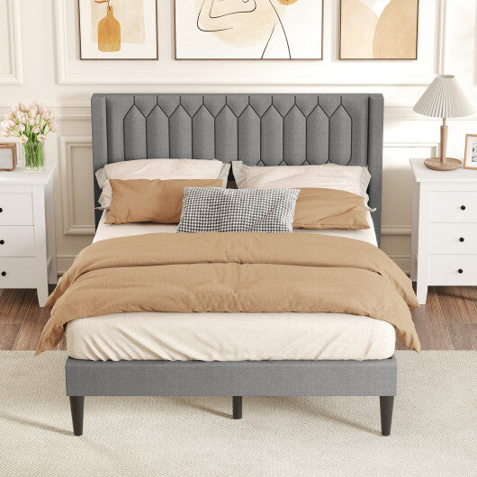 Queen Size Dutch Velvet/Linen Fabric Upholstered Platform Bed with Wingback Headboard and Wooden Slat Support-Gray?
