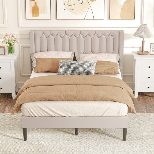 Queen Size Dutch Velvet/Linen Fabric Upholstered Platform Bed with Wingback Headboard and Wooden Slat Support-Gray?