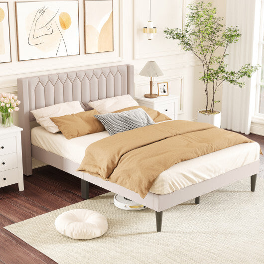 Queen Size Dutch Velvet/Linen Fabric Upholstered Platform Bed with Wingback Headboard and Wooden Slat Support-Gray?