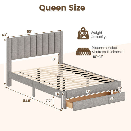 Queen Size Bed Frame with Storage Drawer and Vertical Channel Headboard-Gray