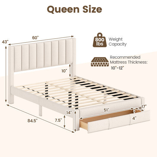 Queen Size Bed Frame with Storage Drawer and Vertical Channel Headboard-Gray