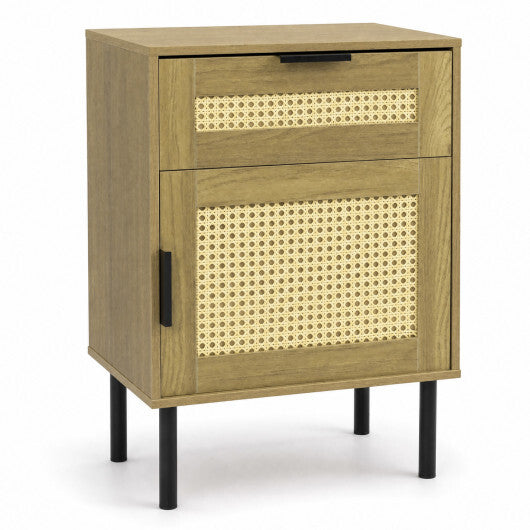 Rattan Nightstand with Drawer and Storage Cabinet for Bedroom Dorm-Natrual W2B