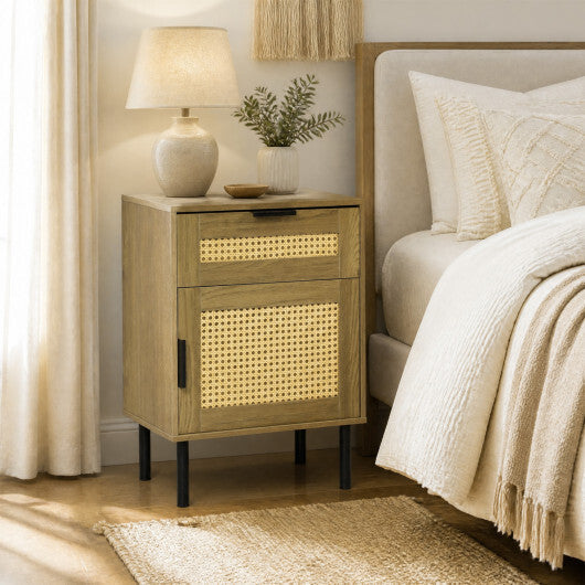 Rattan Nightstand with Drawer and Storage Cabinet for Bedroom Dorm-Natrual W2B