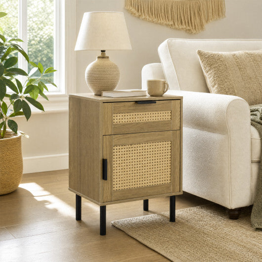 Rattan Nightstand with Drawer and Storage Cabinet for Bedroom Dorm-Natrual W2B