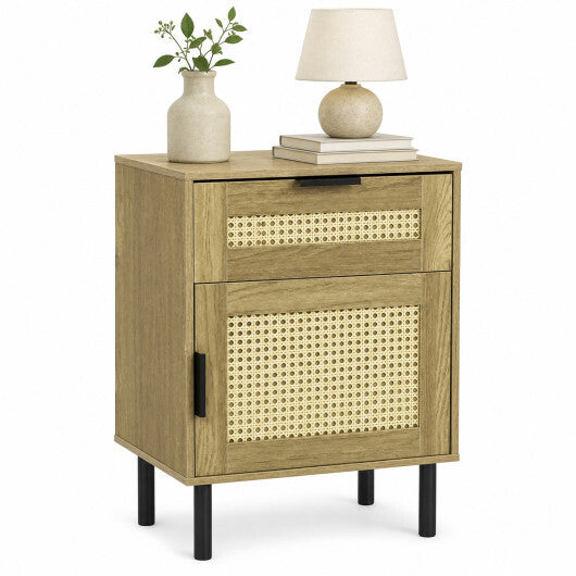 Rattan Nightstand with Drawer and Storage Cabinet for Bedroom Dorm-Natrual W2B