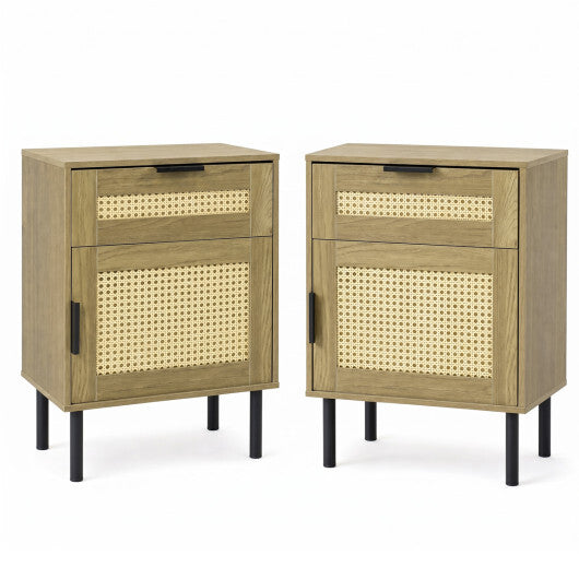Set of 2 Rattan Nightstand with Drawer and Storage Cabinet for Bedroom Dorm-Natrual W2B