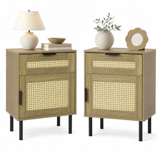 Set of 2 Rattan Nightstand with Drawer and Storage Cabinet for Bedroom Dorm-Natrual W2B